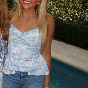 For Love And Lemons Blue and White Floral Top